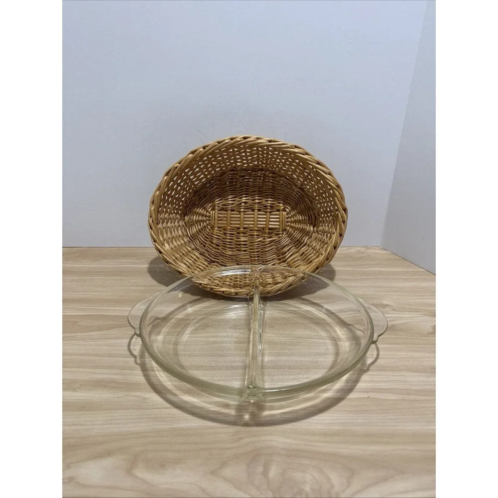 VTG Clear Glass Glasbake Divided Casserole Dish #239 w/Woven Wicker Basket Oval